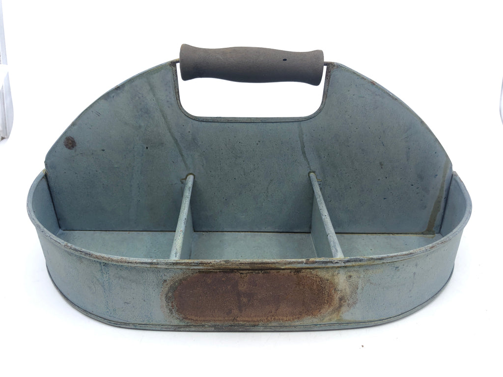 RUSTIC BLUE METAL DIVIDED TRAY W/ WOOD HANDLE.