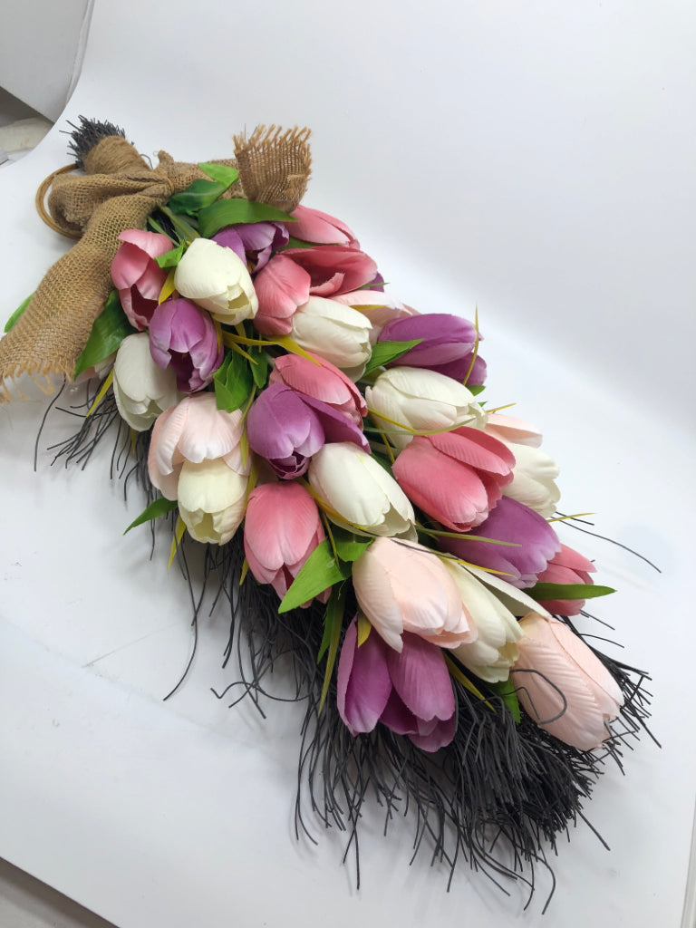 FAUX TULIP BOUQUET W/TWIGS AND BURLAP BOW.