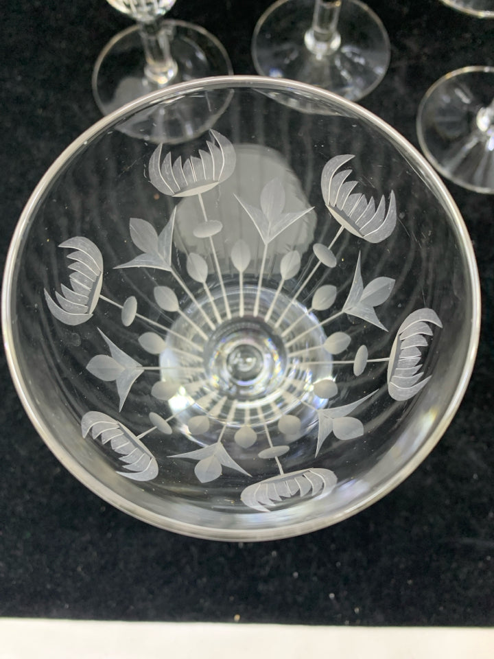 7 ETCHED TULIP WINE GLASSES.