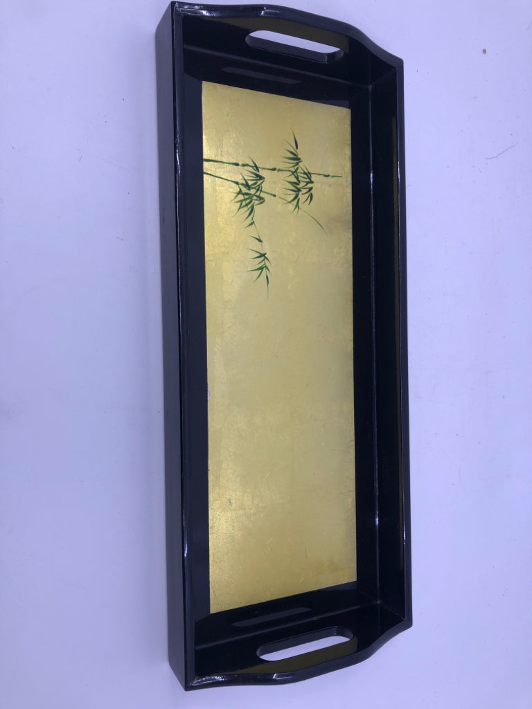 BLACK ASIAN STYLE RECTANGLE TRAY W GOLD ACCENTS AND HANDLES.