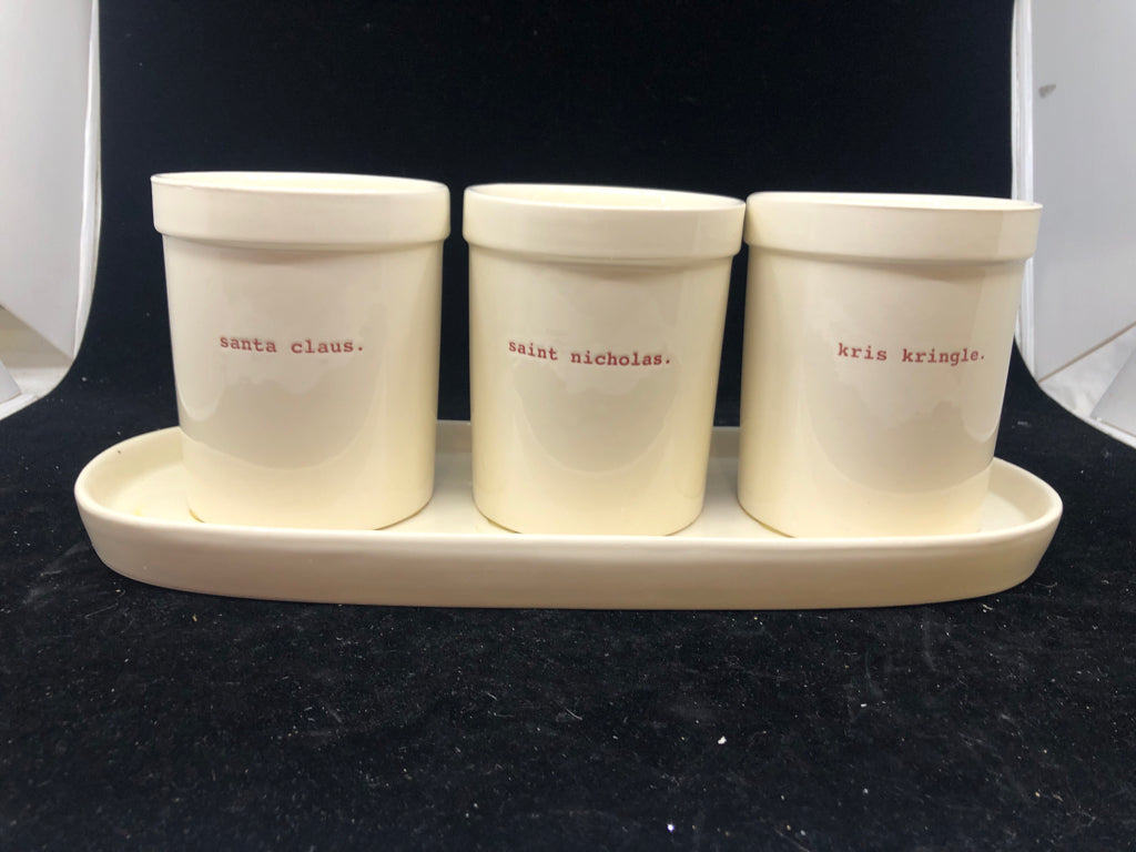 4PC RAE DUNN SANTA UTENSIL HOLDER W PLATE.