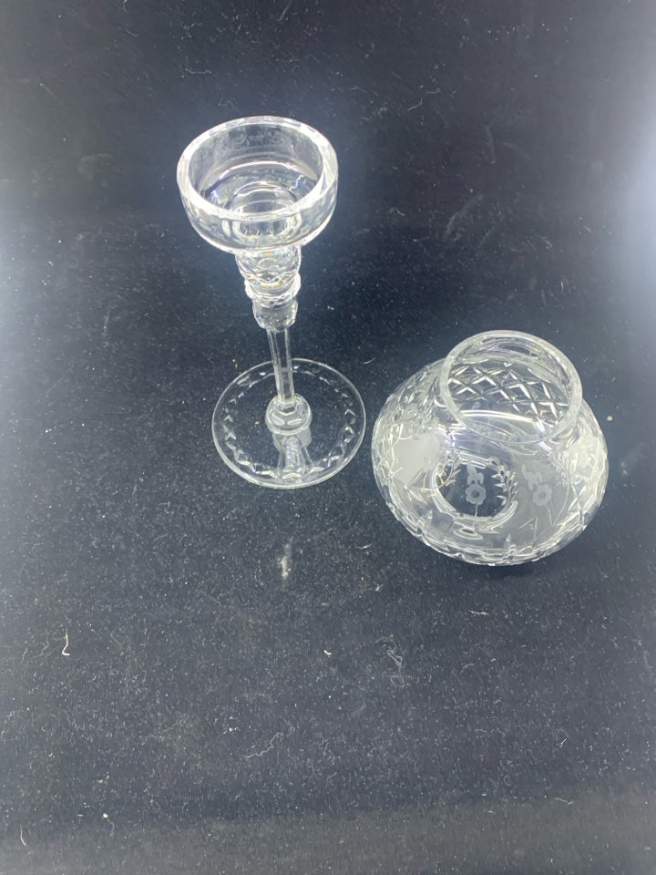 2PC ETCHED TAPER GLASS CANDLE HOLDER.