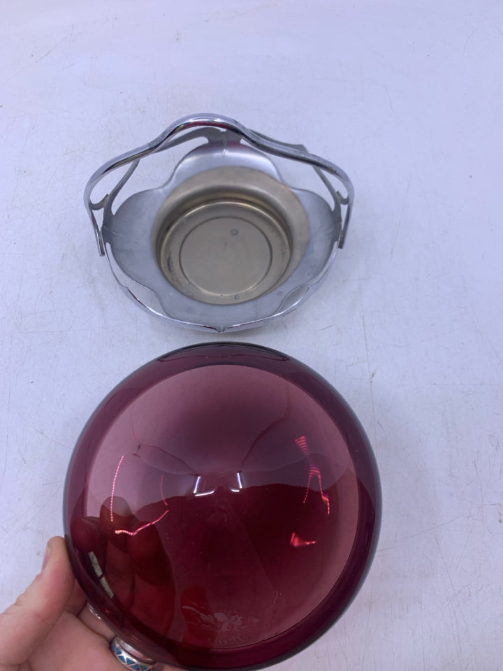 SILVER METAL BASE W/ SHALLOW PURPLE GLASS INSERT.