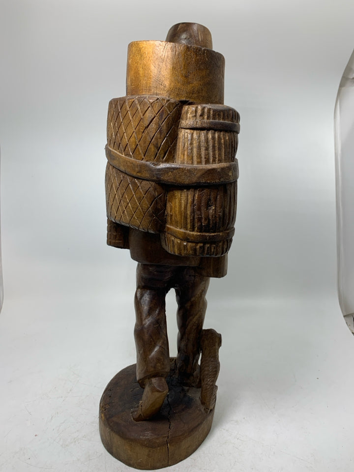 LARGE WOOD CARVED MAN W/ LARGE BACKPACK BAREFOOT WALKING.