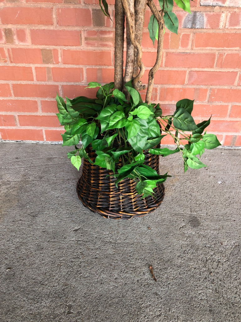 FAUX TREE IN WICKER PLANTER.