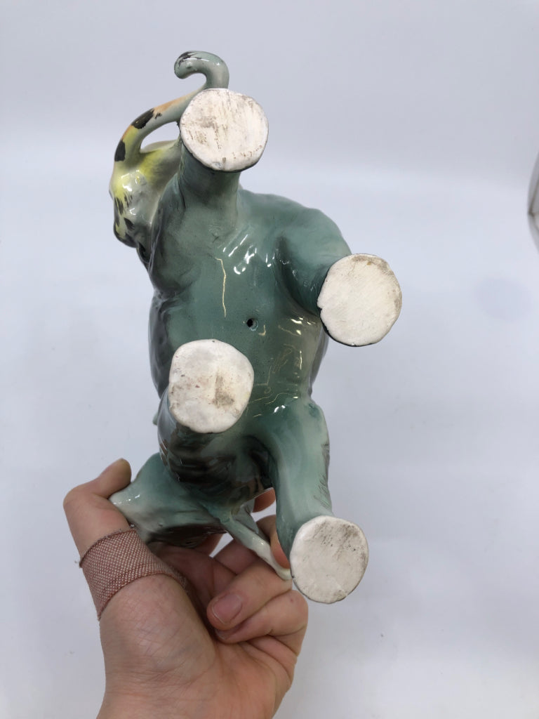 CERAMIC ELEPHANT FIGURINE W/TIGER AND MONKEY.