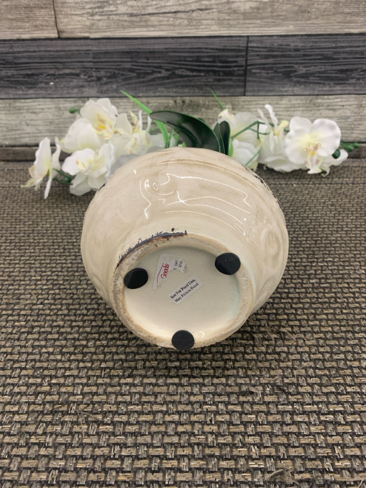 FAUX WHITE ORCHID IN RUSTIC CERAMIC POT.