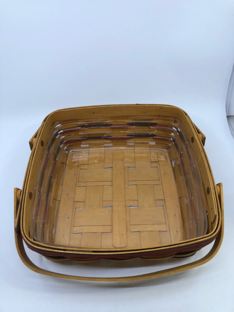 1995? ROUNDED SQUARE W/ 2 HANDLES BASKET + PROTECTOR- RED & BLUE WEAVE.