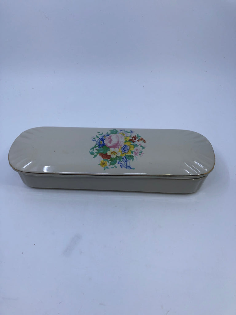 OVAL VTG FLORAL DISH W LID AND GOLD ACCENTS.