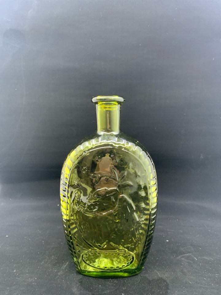 VTG GREEN GLASS EMPTY BOTTLE W EMBOSSED FACE.