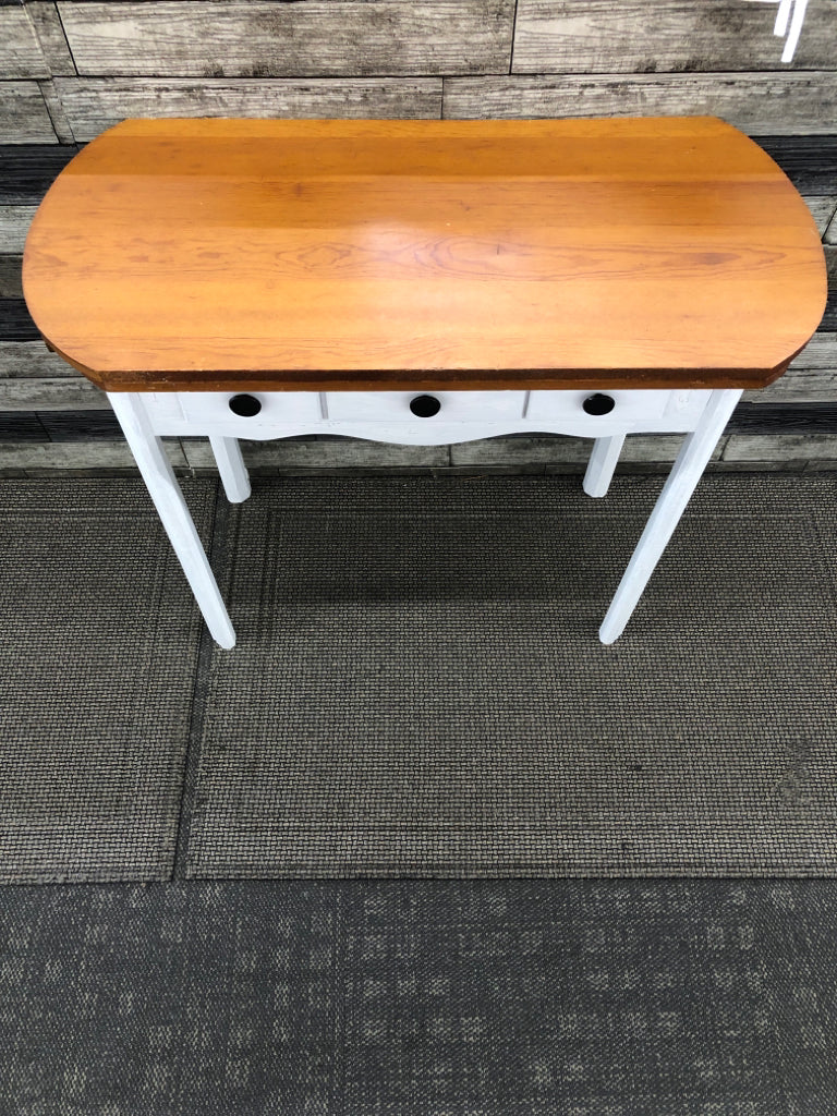 WHITE BOTTOM W WOOD TOP CONSOLE TABLE.