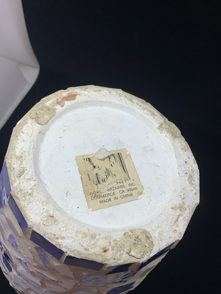 MOSAIC CERAMIC VASE WHITE & BLUE.