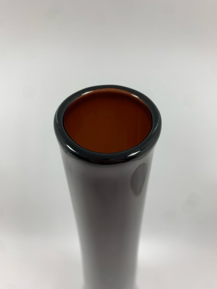 BROWN BLOWN GLASS VASE W/CLEAR BASE.
