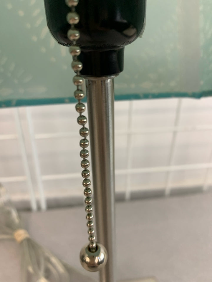 SILVER LAMP W/SQUARE TEAL SHADE.