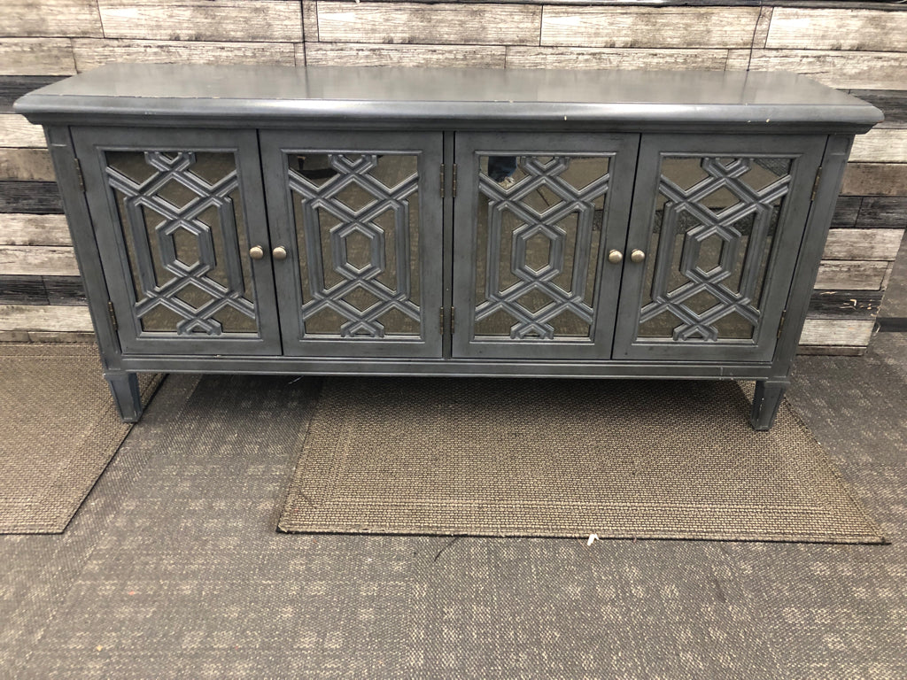 BLUE/GREY LONG CONSOLE TABLE W/ MIRRORED CABINETS SHELVES.