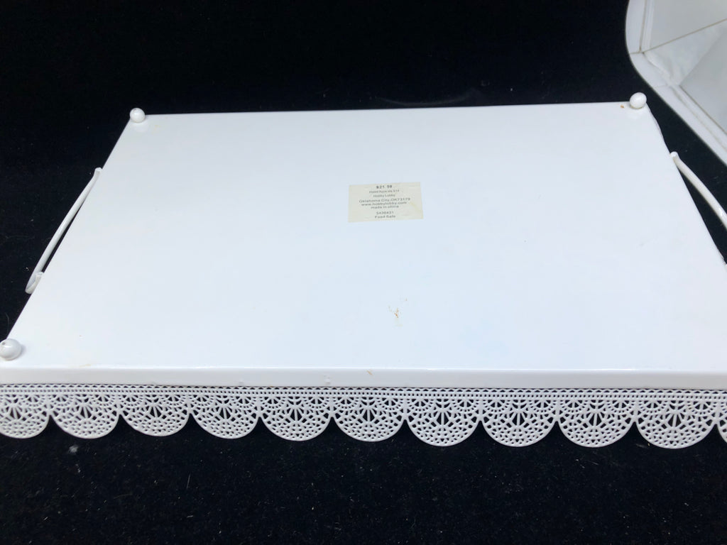 WHITE METAL TRAY W LACE EDGES.