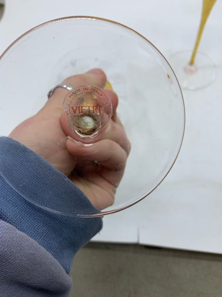 2 TALL GOLD STEM WINE GLASSES.