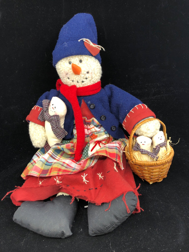 FABRIC SNOWMAN W BASKET OF SNOW BABIES.