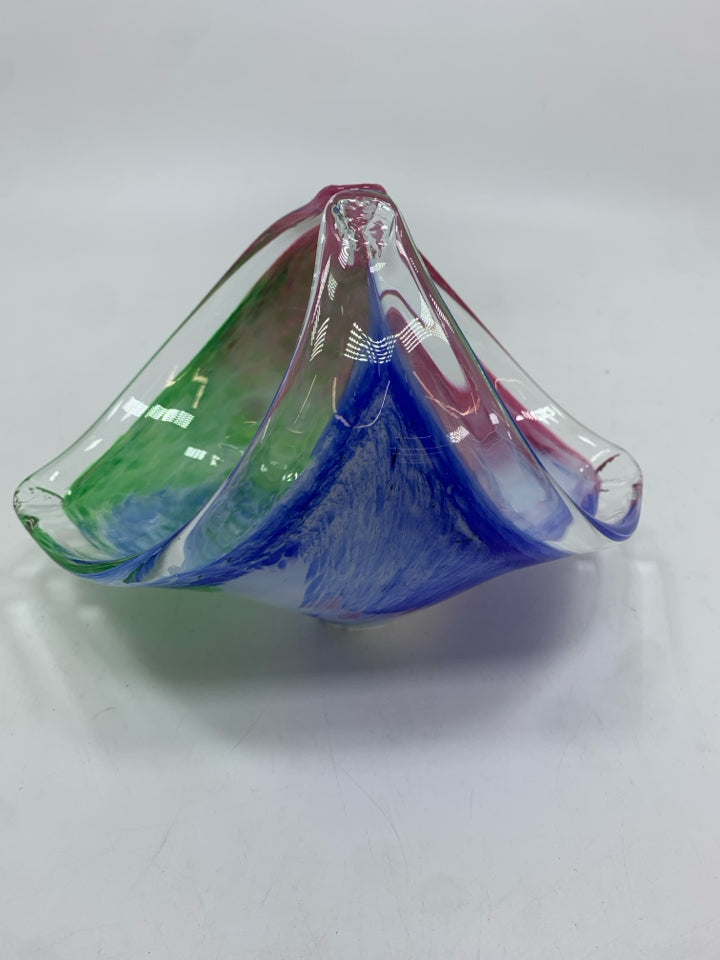BLUE, PINK, GREEN SWIRLED BLOWN GLASS BASKET.