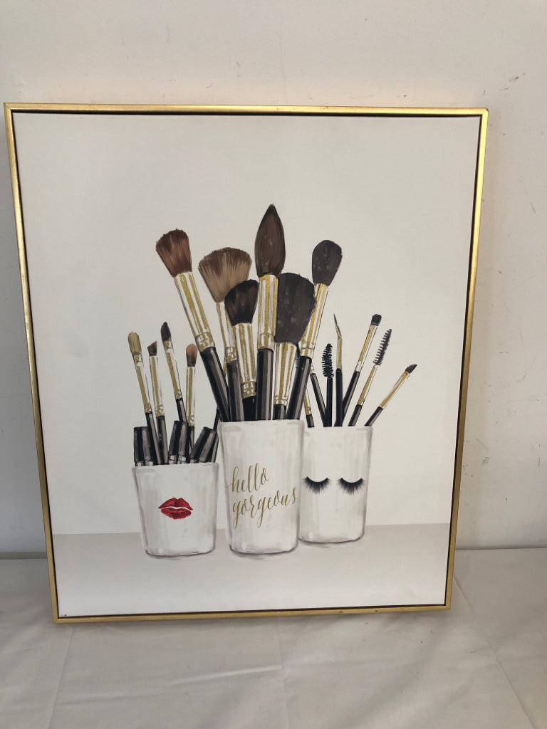 HELLO GORGEOUS MAKE UP BRUSHES CANVAS IN GOLD FRAME.