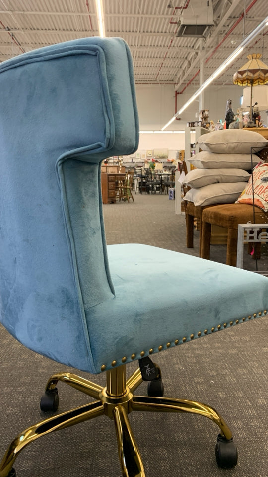 TEAL BLUE VELOUR OFFICE SWIVEL CHAIR W/ GOLD STUDS/LEGS.