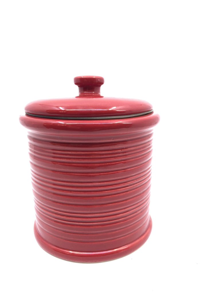 RED RIBBED CERAMIC CANISTER.