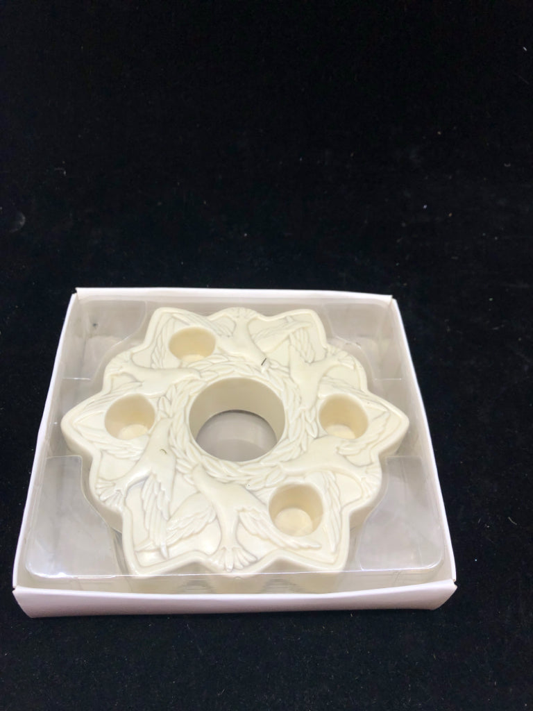 NIB EMBOSSED DOVE CANDLE HOLDER.