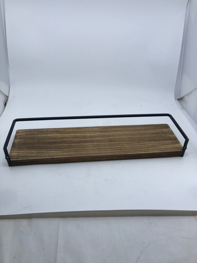 WOOD WALL SHELF W/ BLACK METAL.