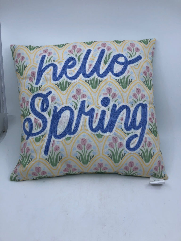 HELLO SPRING W/ PINK TULIPS BACKGROUND PILLOW.