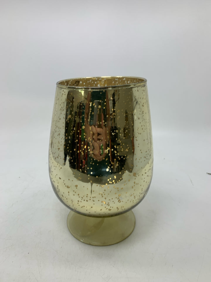 MERCURY GLASS FOOTED PILLAR CANDLE HOLDER.