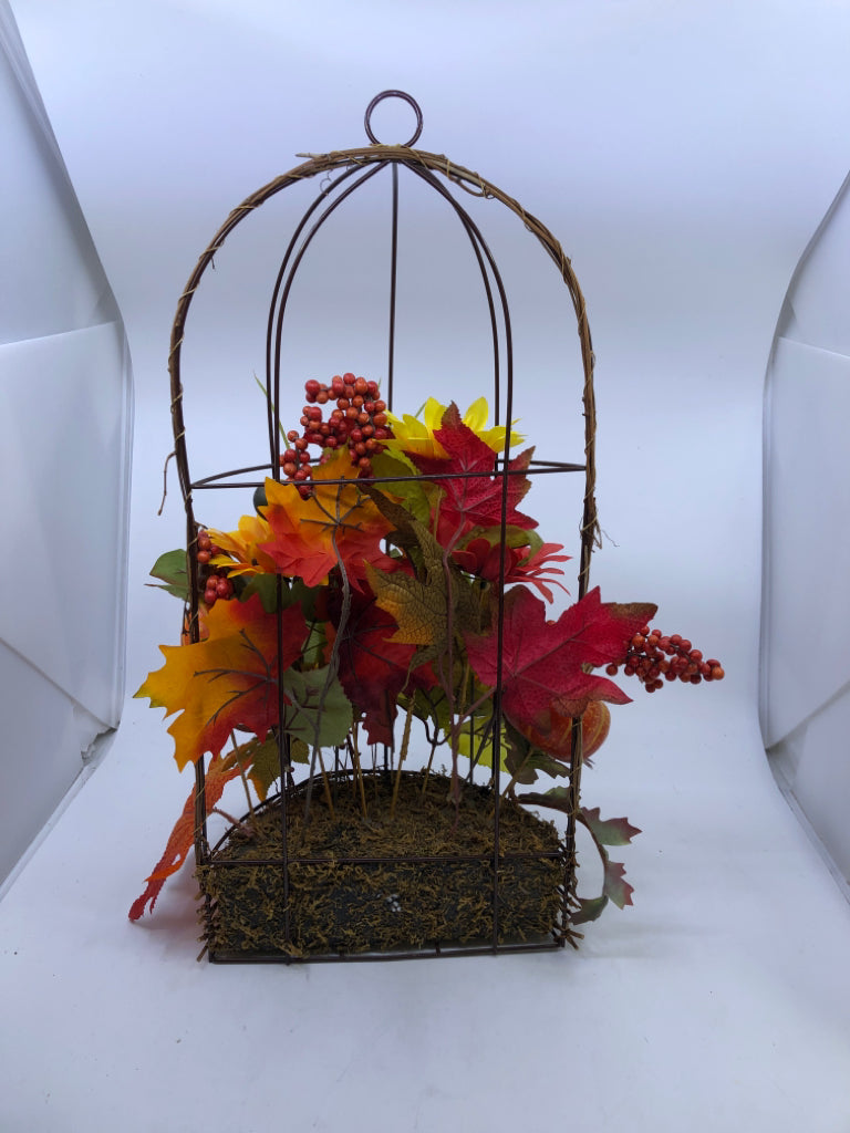 HANGING BROWN WIRE BASKET WITH FALL LEAVES/SUNFLOWERS/PUMPKIN.