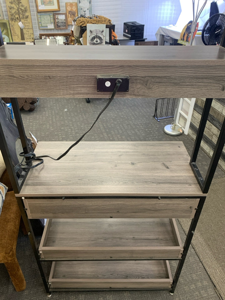 RUSTIC GREY, BLACK METAL BAKERS RACK- PLUG/USB OUTLETS.