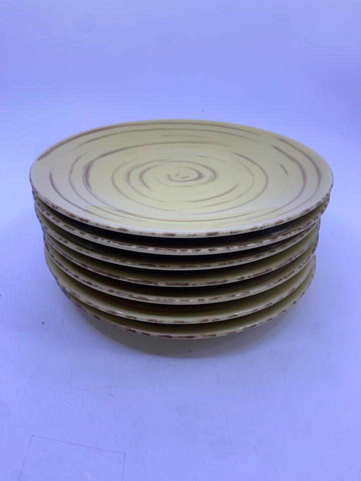 7 BRIGHT YELLOW PATTERN DESSERT PLATES.