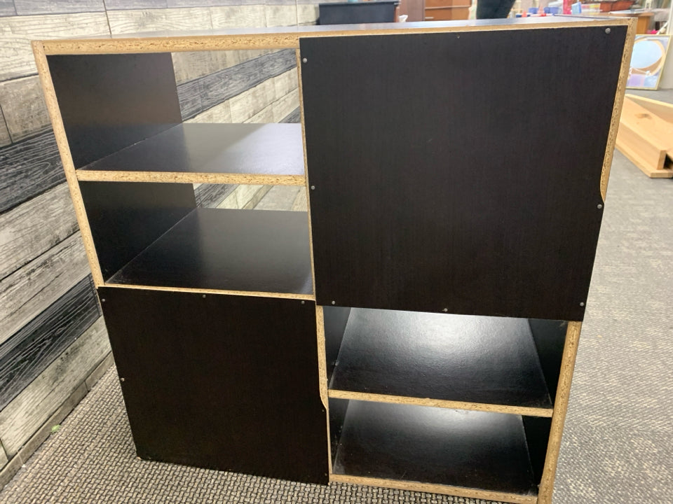 DARK WOOD CUBBY SHELF.