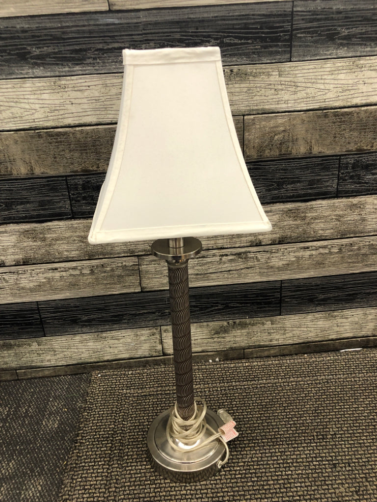 SILVER SKINNY BASE LAMP W WHITE SHADE.