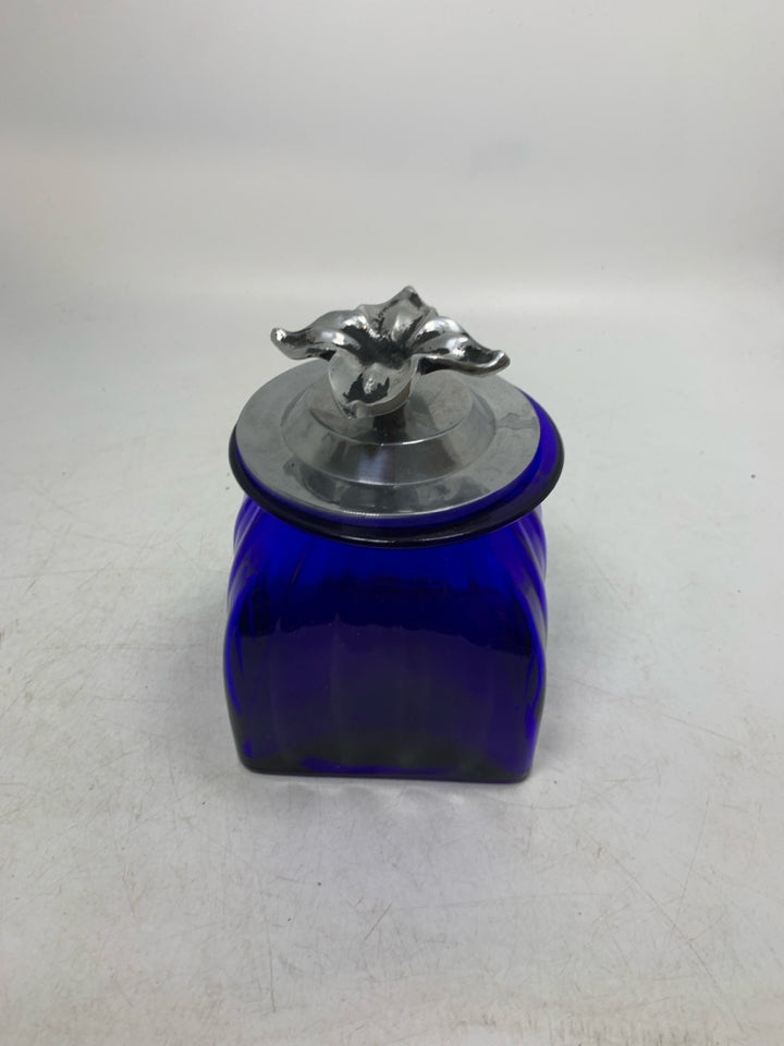 COBALT BLUE GLASS CANISTER W/ METAL FLOWER LID.
