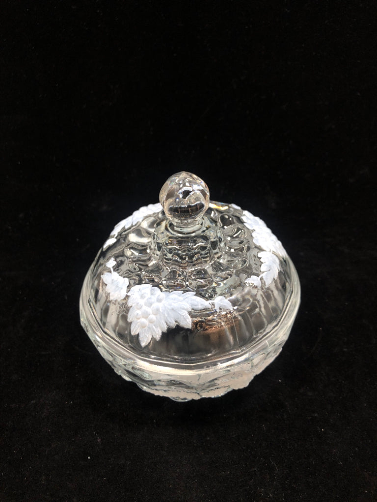 GLASS CANDY DISH W/FROSTED ETCHED GRAPES AND LID.
