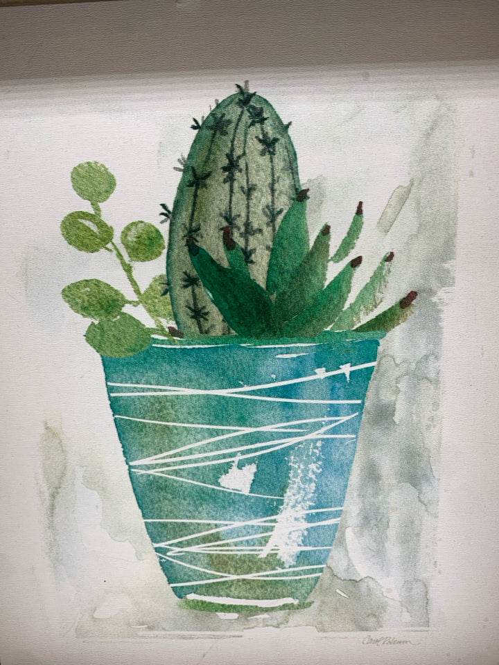 WATERCOLOR CACTUS IN WOOD FRAME.