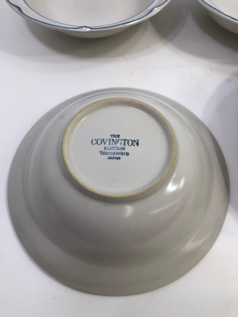 4 COVINGTON STONEWARE BLUE STRIPE BOWLS.
