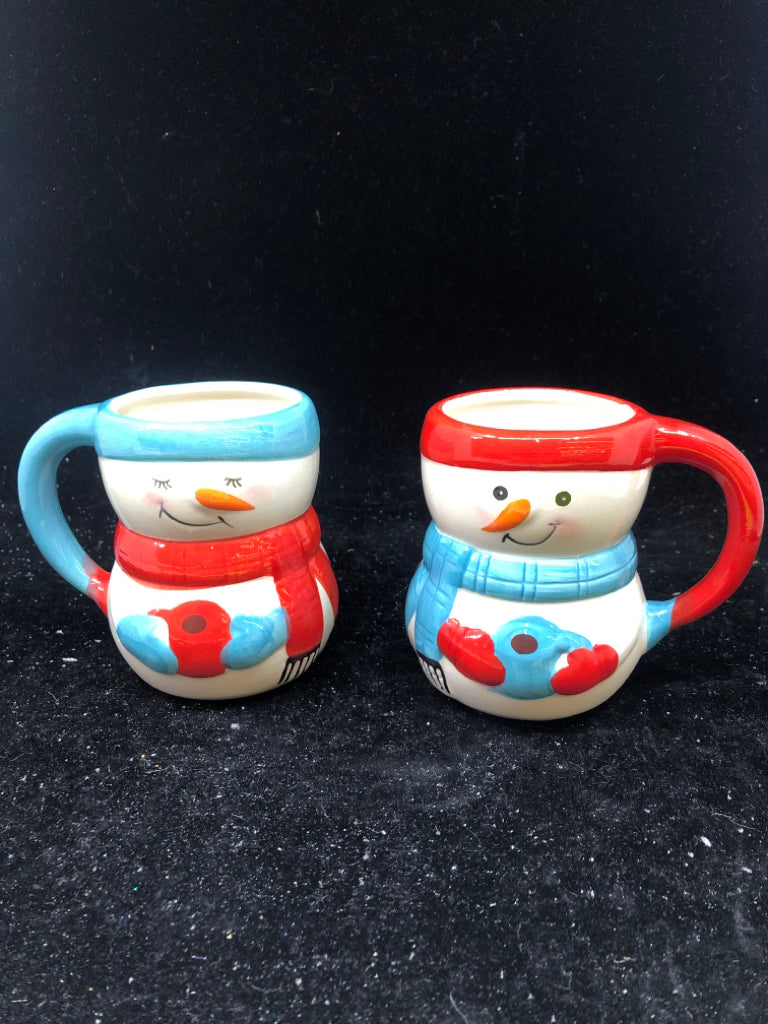 2 RED + BLUE SNOWMAN MUGS.