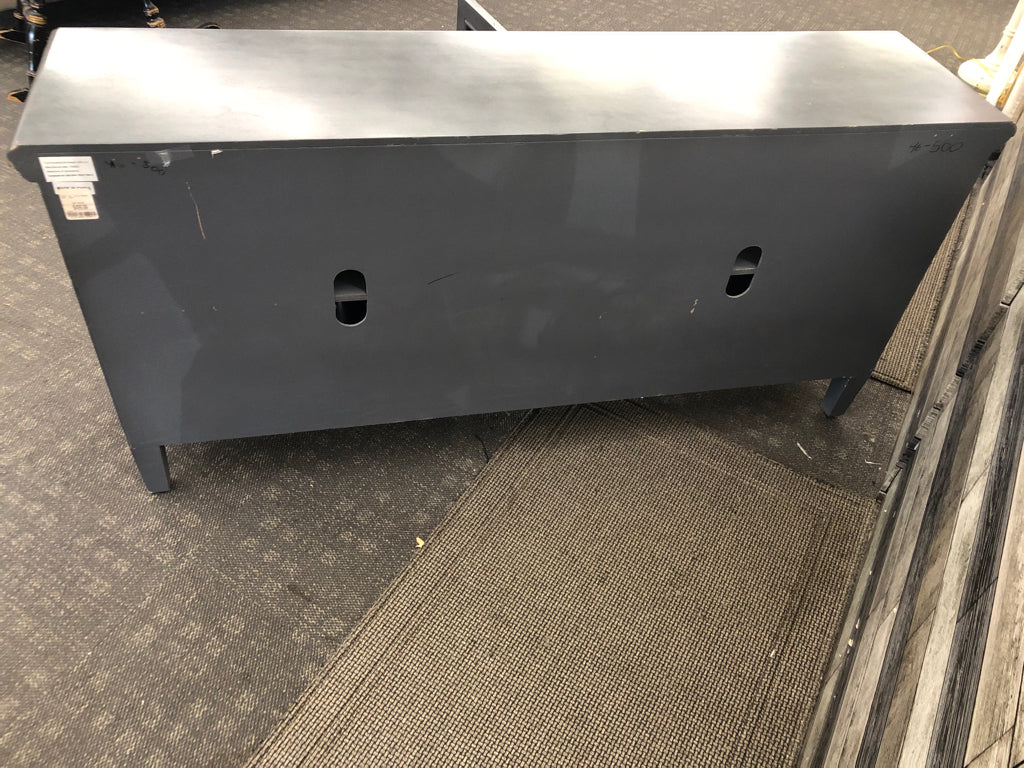 BLUE/GREY LONG CONSOLE TABLE W/ MIRRORED CABINETS SHELVES.