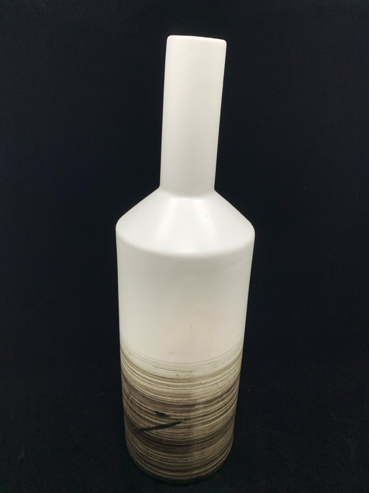 WHITE CERAMIC VASE W/BROWN LINES.
