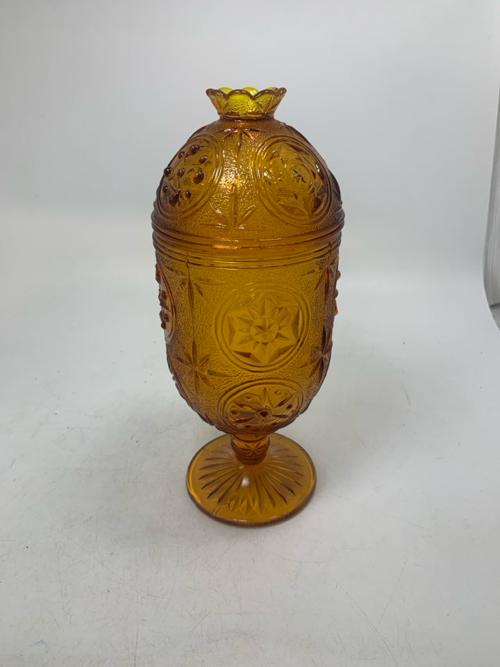 VTG FOOTED STAR PATTERN OVAL COVERED CANDY DISH.