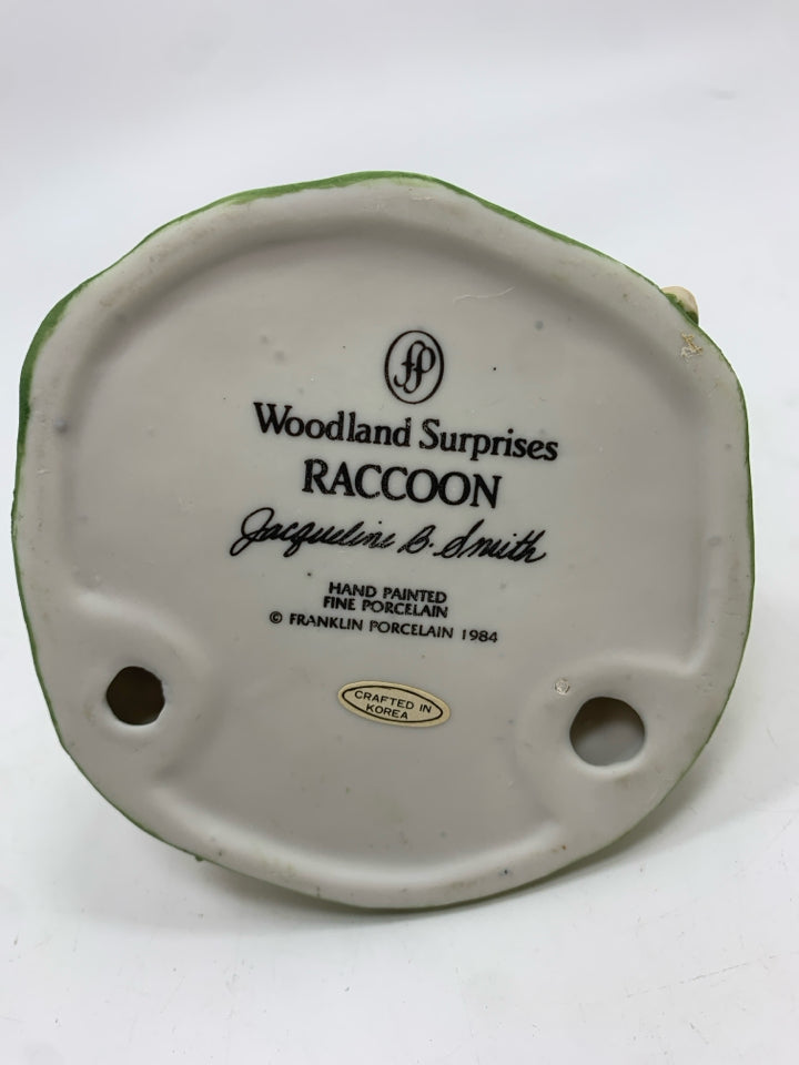 2PC WOODLAND SURPRISES RACCOON FRANKLIN PORCELAIN FIGURINE.
