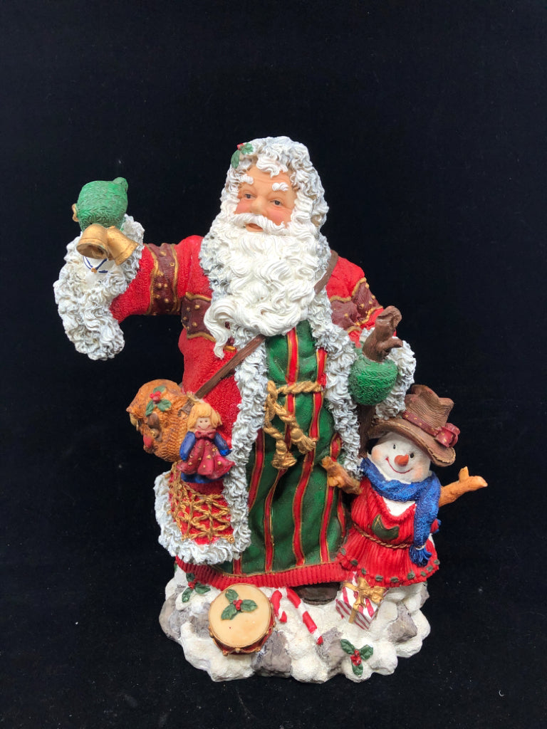 RESIN SANTA W TOYS AND SNOWMAN.