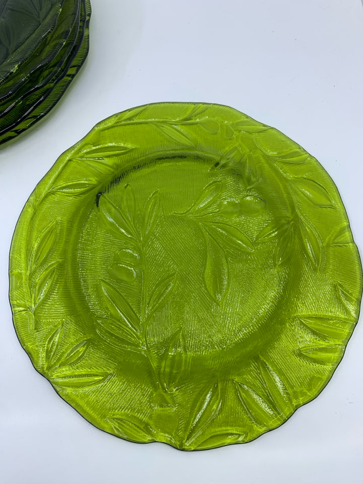 6 GREEN GLASS PLATES W SLIGHT TEXTURE.