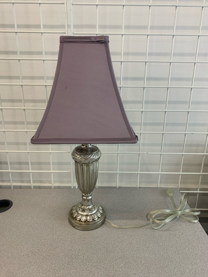 SM SILVER LAMP W/PURPLE FLARE SHADE.