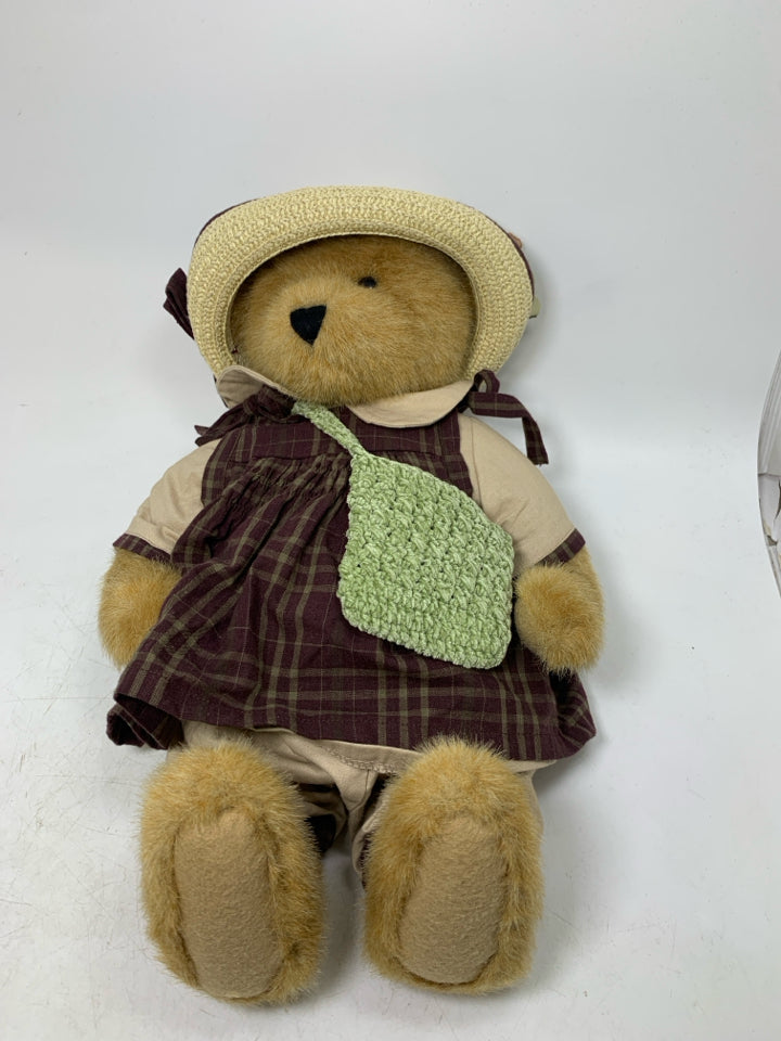 BLONDE BOYDS BEAR IN DARK PLAID DRESS/STRAW HAT.