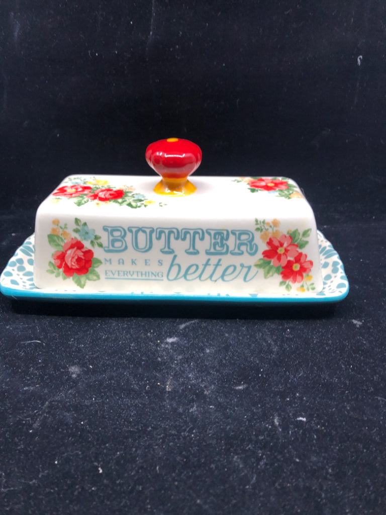 CERAMIC BUTTER DISH W/RED ROSES.