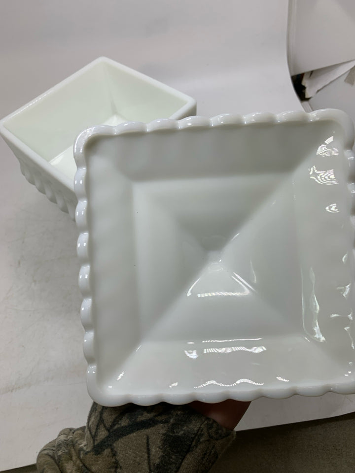 MILK GLASS PEDESTAL BOWL EMBOSSED DETAIL COVERED CANDY DISH.